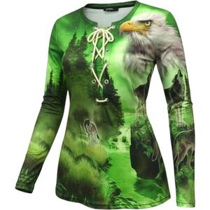 Ouku Womens Green Nature Wolf Eagle Print Lace Up Long Sleeve Top Small